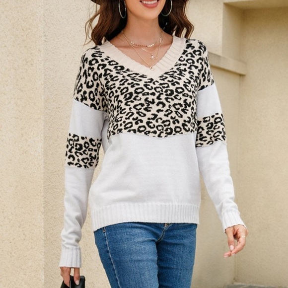 NWT Leopard Color Block V-Neck Knit Pullover - Picture 1 of 5